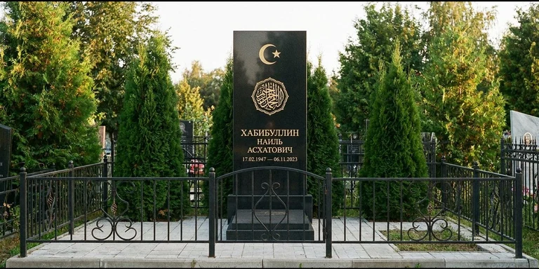 Гравировка на мусульманском памятнике в Сочи — стела из чёрного гранита, оформление по канонам ислама