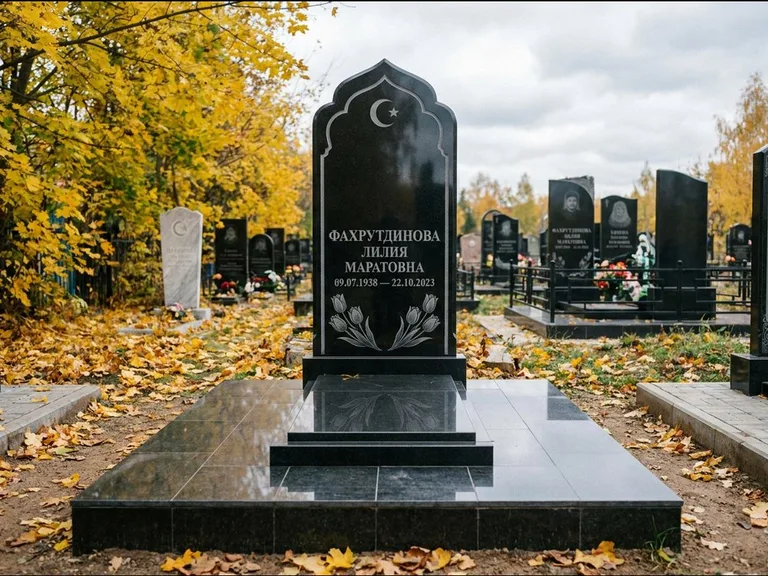 Мусульманский памятник: стела с михраб-навершием в форме арки — гравировка минарета с полумесяцем, гранитный цоколь с тёмной плиткой, работа «Фахрутдинова» в Сочи