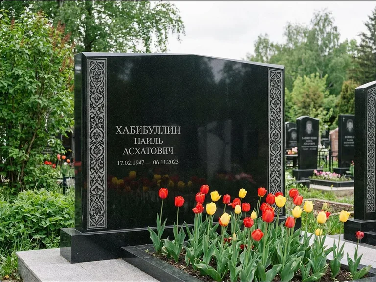 Мусульманский памятник: широкая двойная семейная стела — золочёная гравировка мечети, цветник с тюльпанами, работа «Хабибуллин» в Сочи