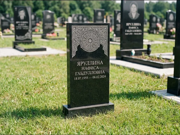 Мусульманский памятник: небольшая скромная невысокая стела — золочёная гравировка мечети, аккуратный участок с газоном, работа «Фахрутдинова» в Сочи