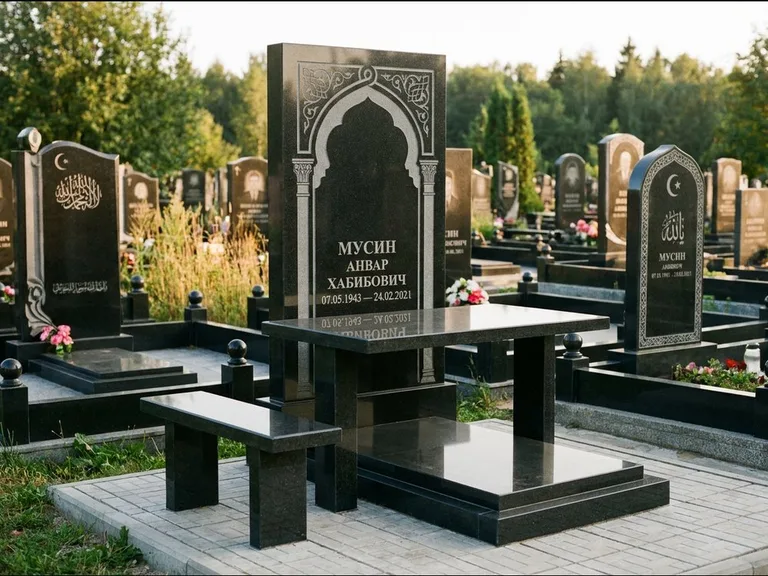 Мусульманский памятник: стела с гранитным столиком и скамьёй — гравировка мечети под полумесяцем и звёздами, семейный участок с плиткой, работа «Гимаев» в Сочи