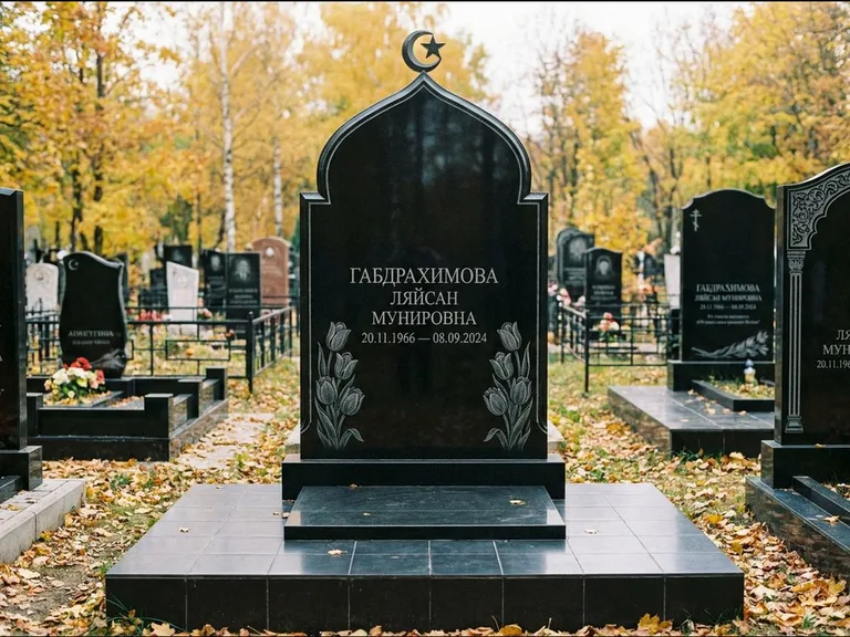 Мусульманский памятник: массивная стела с михраб-навершием — белая гравировка силуэта мечети с минаретами, цоколь тёмной плиткой, работа «Магомедова» в Сочи