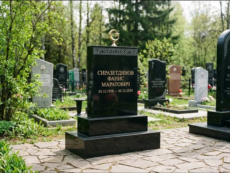 Мусульманский памятник: ступенчатая трёхуровневая стела — золочёная гравировка мечети, дорожка из природного плитняка, работа «Мустафин» в Сочи