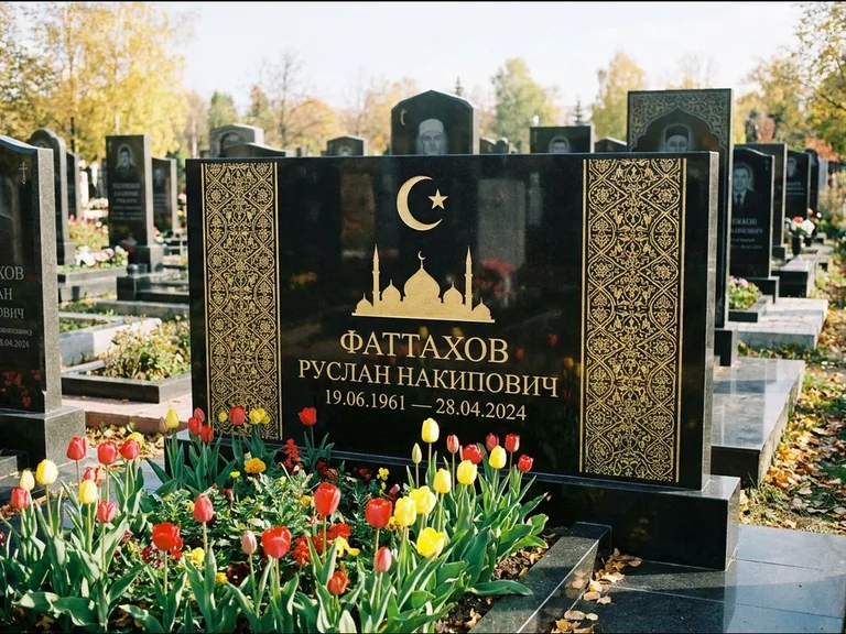 Мусульманский памятник: широкая панорамная стела с золочёным орнаментом — гравировка минарета с полумесяцем, цветник с тюльпанами, работа «Сулейманов» в Сочи