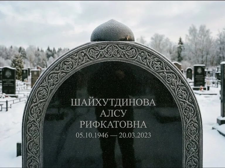 Мусульманский памятник: полукруглая стела с купольным навершием — гравировка мечети под полумесяцем и звёздами, заснеженный зимний участок, работа «Ганиева» в Сочи