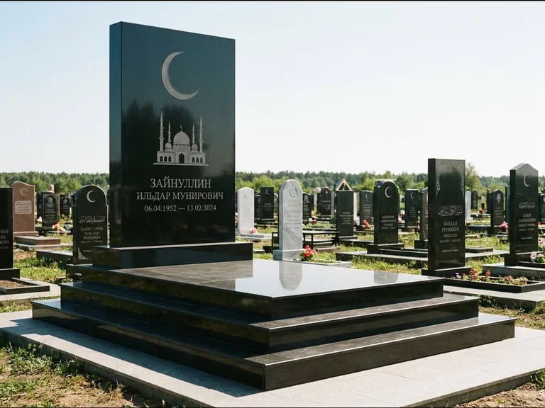 Мусульманский памятник: массивная стела на ступенчатом постаменте — гравировка мечети под полумесяцем и звёздами, гранитная площадка без ограды, работа «Хабибуллин» в Сочи