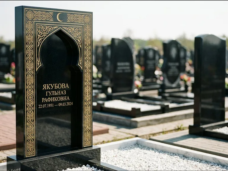 Мусульманский памятник: стела в форме михраба с глубокой нишей и золочёным орнаментом — детализированная гравировка мечети Кул-Шариф, участок с белой мраморной крошкой, работа «Мустафин» в Сочи