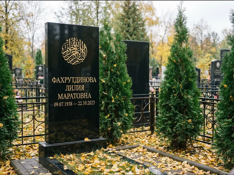 Мусульманский памятник — шахада в верхней части стелы, работа «Фахрутдинова» в Сочи