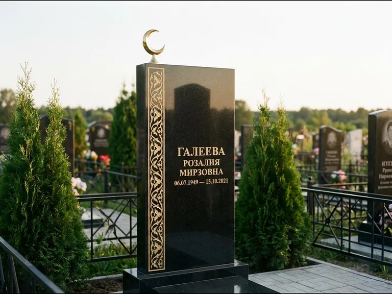 Памятник с гравировкой полумесяца — золочёный полумесяц и колонна растительного орнамента-ислими, работа «Галеева» в Сочи