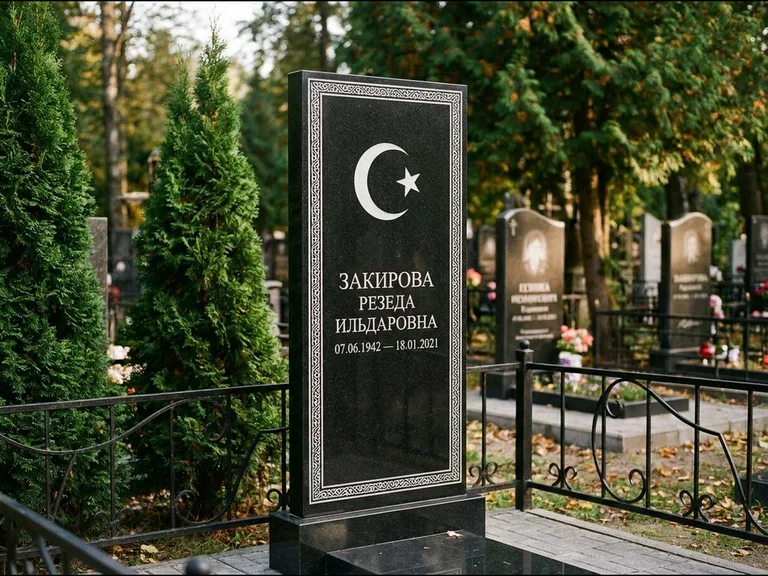 Памятник с гравировкой полумесяца — строгая белая гравировка полумесяца со звездой и орнаменталь, работа «Закирова» в Сочи