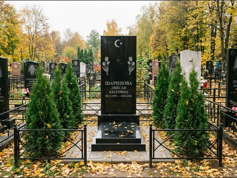 Памятник с гравировкой полумесяца — гравировка полумесяца со звездой и тюльпанами по бокам, работа «Шарипова» в Сочи
