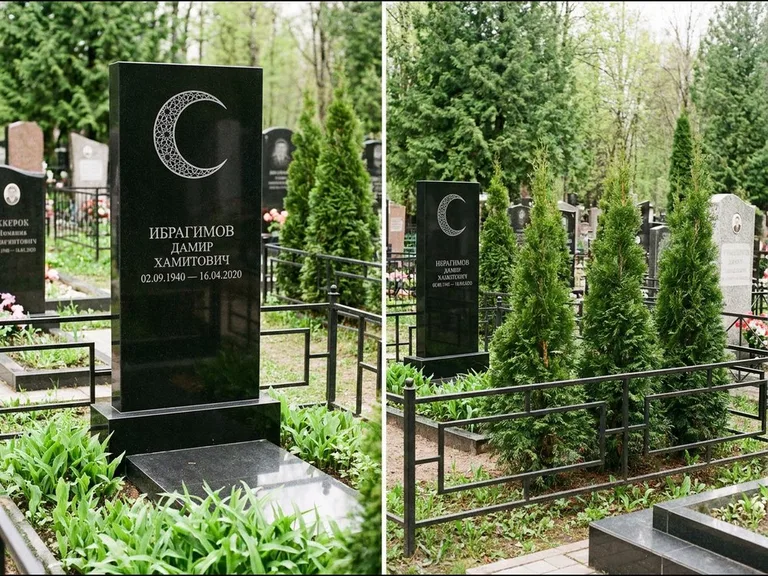 Памятник с гравировкой полумесяца — гравировка полумесяца в геометрическом орнаменте-гирихе, работа «Ибрагимов» в Сочи