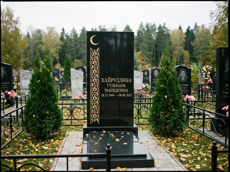 Памятник с гравировкой полумесяца — золочёный полумесяц и колонна растительного орнамента-ислими, работа «Хайруллина» в Сочи