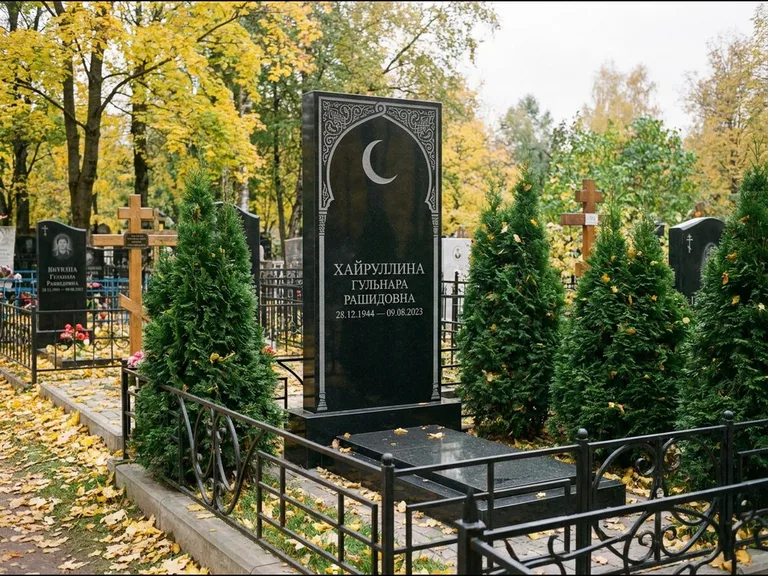 Памятник с гравировкой полумесяца — гравировка полумесяца в восточной арке с орнаментом, работа «Хайруллина» в Сочи