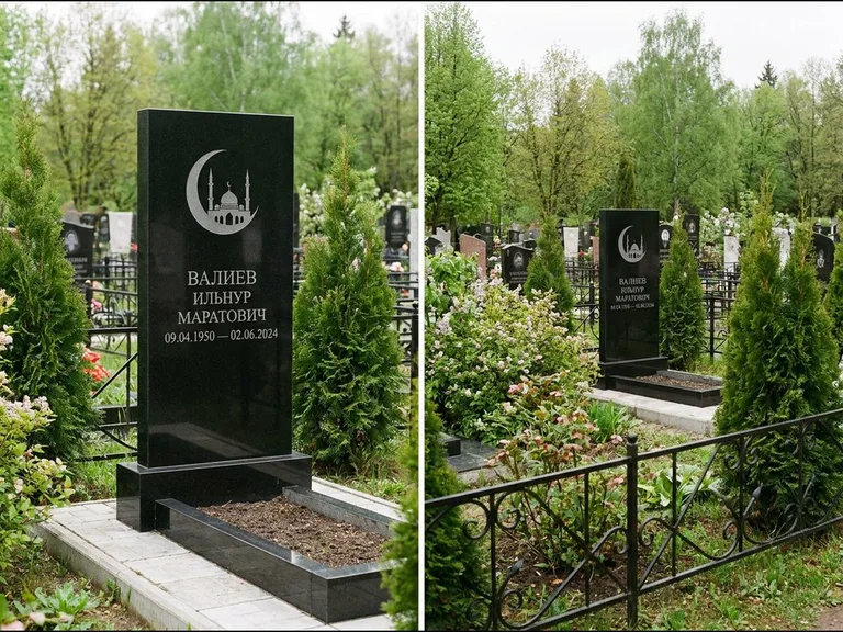 Памятник с гравировкой полумесяца — гравировка полумесяца над силуэтом мечети, работа «Валиев» в Сочи
