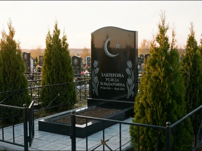 Памятник с гравировкой полумесяца — гравировка полумесяца со звездой и тюльпанами по бокам, работа «Закирова» в Сочи