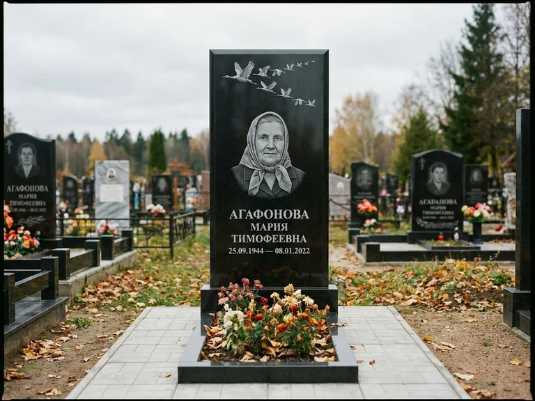 Гравировка журавлей на памятник в Сочи — памятник из чёрного гранита с гравировкой
