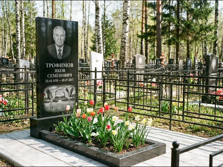 Памятник с гравировкой журавлей — гравировка пары журавлей над гладью озера в нижней части, работа «Трофимов» в Сочи