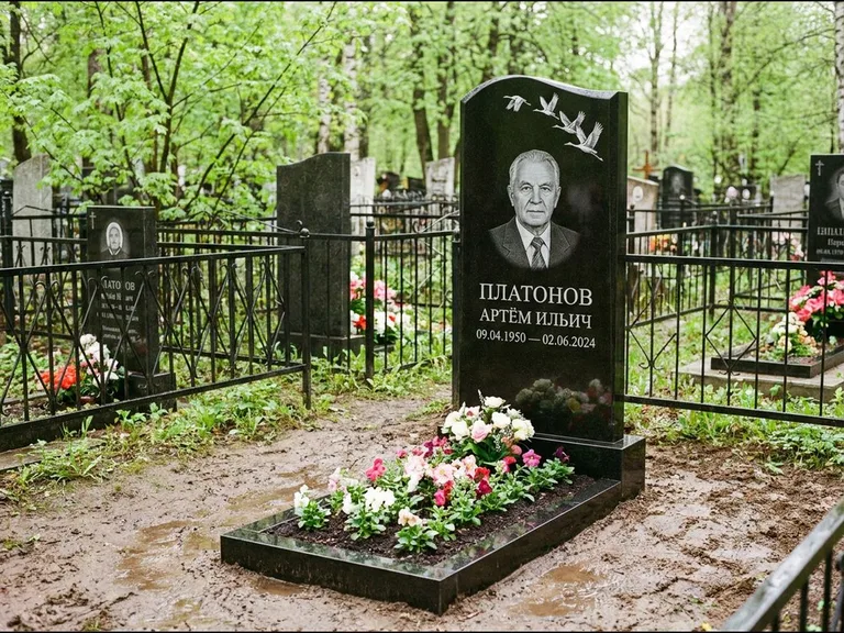 Памятник с гравировкой журавлей — белая гравировка клина журавлей, уходящего в верхний угол ст, работа «Платонов» в Сочи