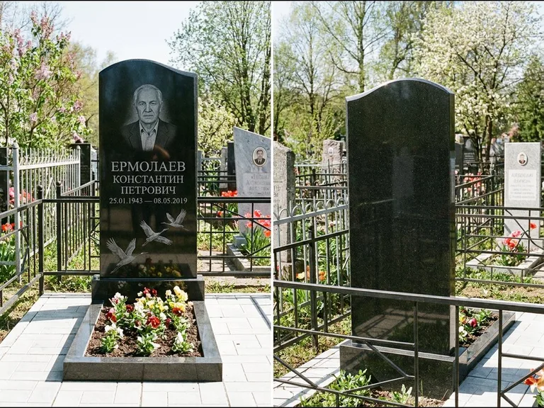 Памятник с гравировкой журавлей — гравировка трёх журавлей по диагонали через свободное поле с, работа «Ермолаев» в Сочи