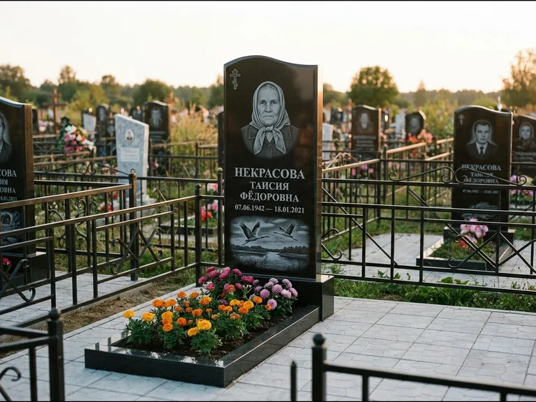 Памятник с гравировкой журавлей — гравировка пары журавлей над гладью озера в нижней части, работа «Некрасова» в Сочи
