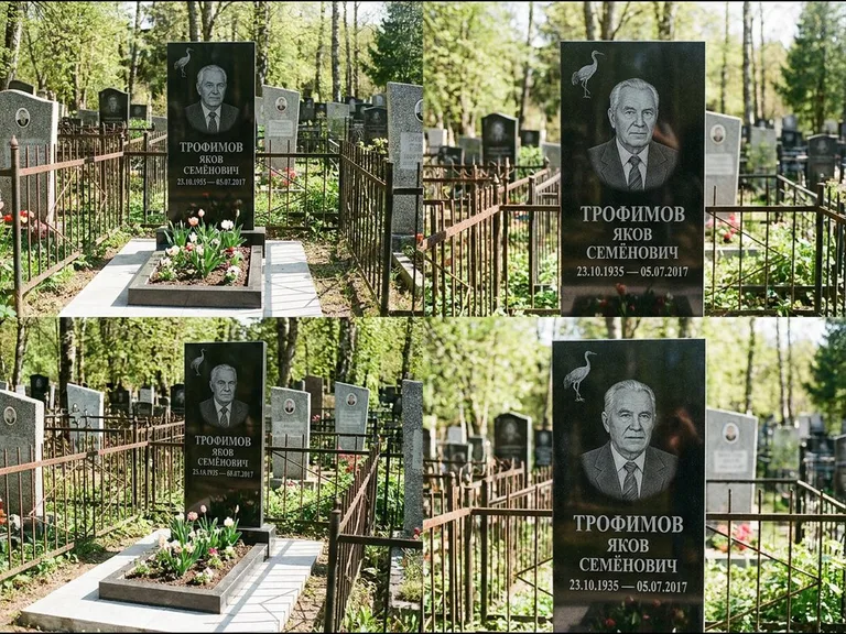 Памятник с гравировкой журавлей — гравировка одиночного летящего журавля над портретом, работа «Трофимов» в Сочи