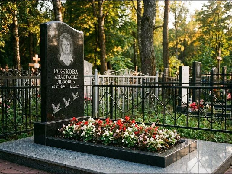 Памятник с гравировкой журавлей — гравировка трёх журавлей по диагонали через свободное поле с, работа «Рожкова» в Сочи