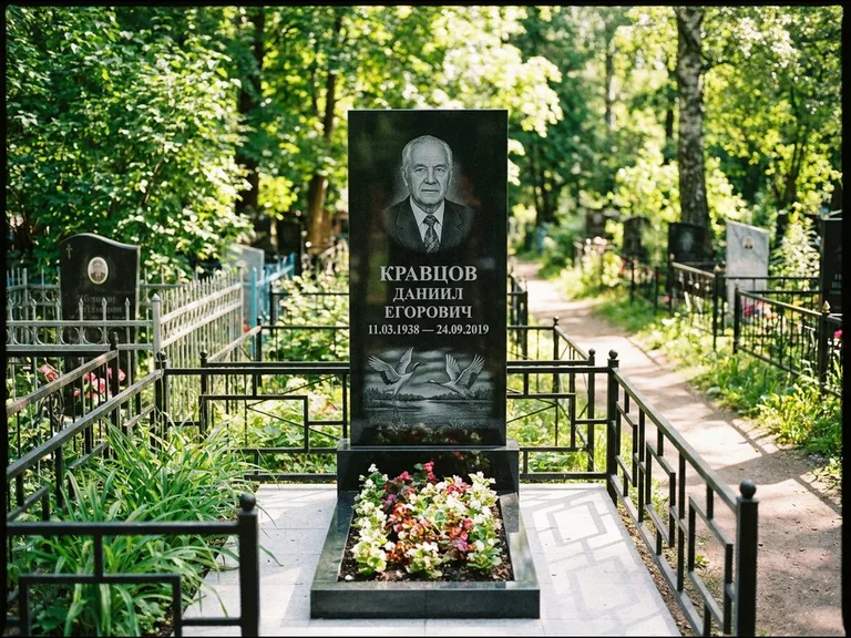 Памятник с гравировкой журавлей — гравировка пары журавлей над гладью озера в нижней части, работа «Кравцов» в Сочи
