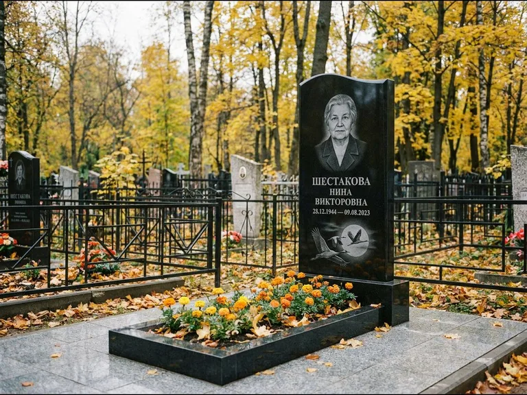 Памятник с гравировкой журавлей — гравировка клина журавлей на фоне солнечного диска, работа «Шестакова» в Сочи