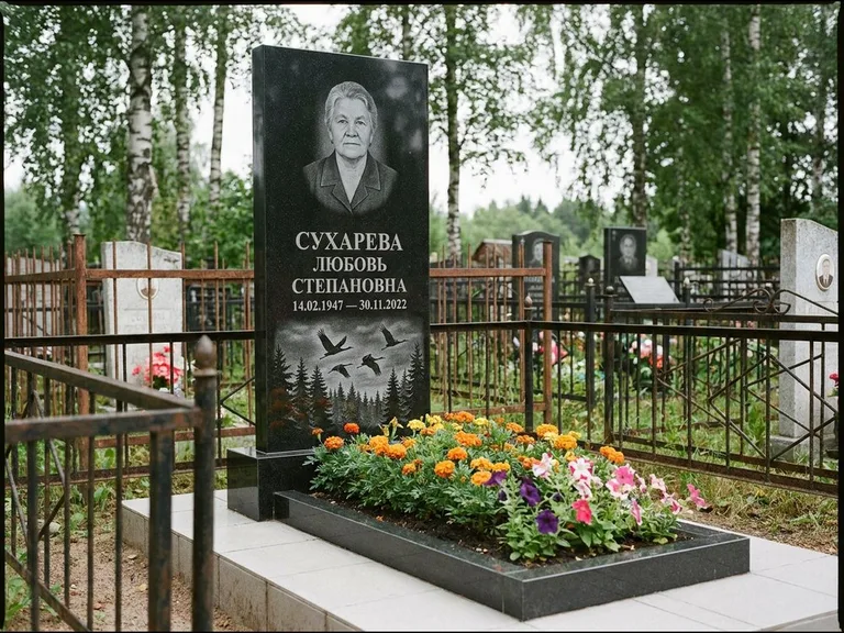 Памятник с гравировкой журавлей — гравировка силуэтов журавлей над еловым лесом, работа «Сухарева» в Сочи