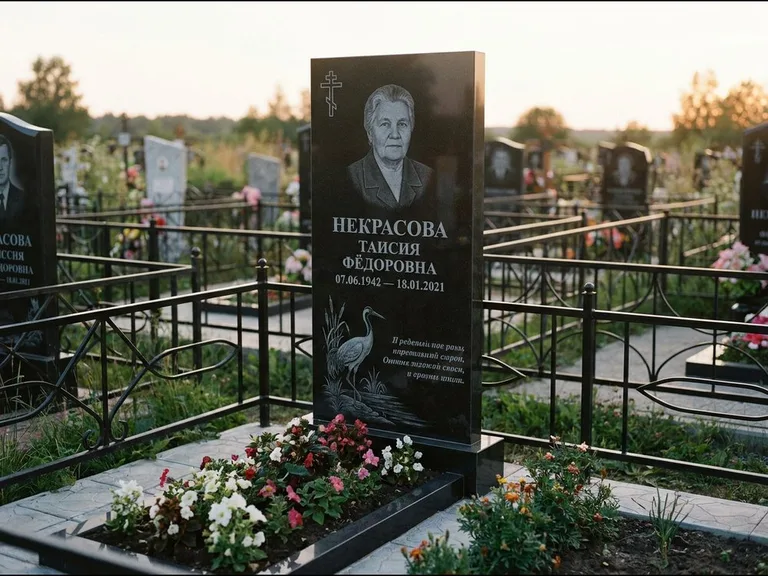 Памятник с гравировкой журавлей — гравировка журавля у камышей рядом с эпитафией, работа «Некрасова» в Сочи
