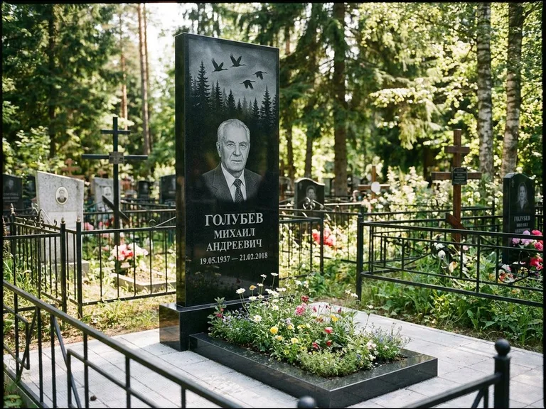 Памятник с гравировкой журавлей — гравировка силуэтов журавлей над еловым лесом, работа «Голубев» в Сочи