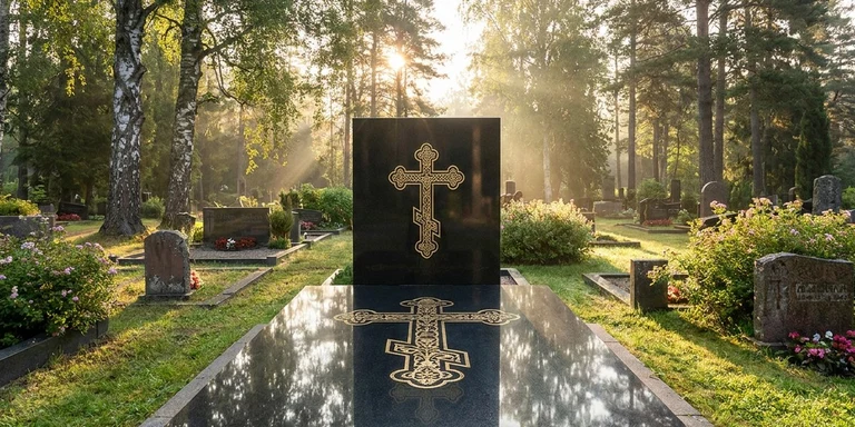 Гравировка креста на памятнике в Сочи — православный восьмиконечный крест на граните