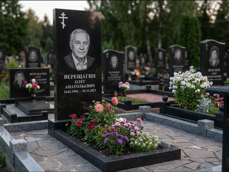 Памятник из чёрного гранита — горизонтальная плита-стела с православным восьмиконечным крестом, работа «Тихонов» в Сочи