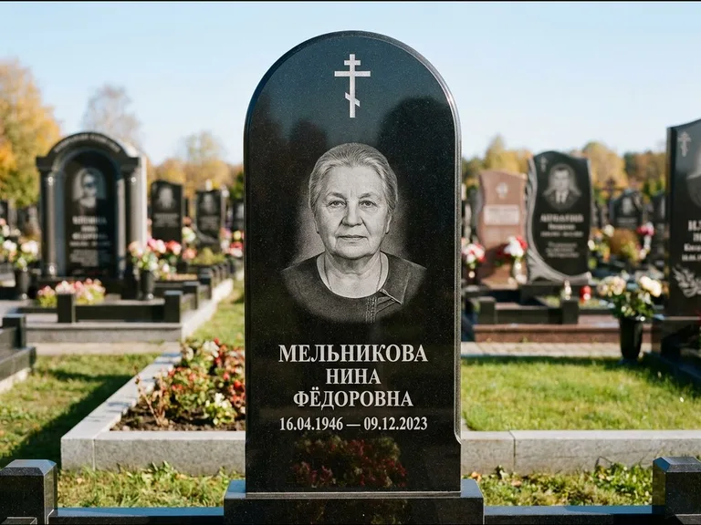Памятник из чёрного гранита — стела с резным навершием с латинским крестом, работа «Савельева» в Сочи