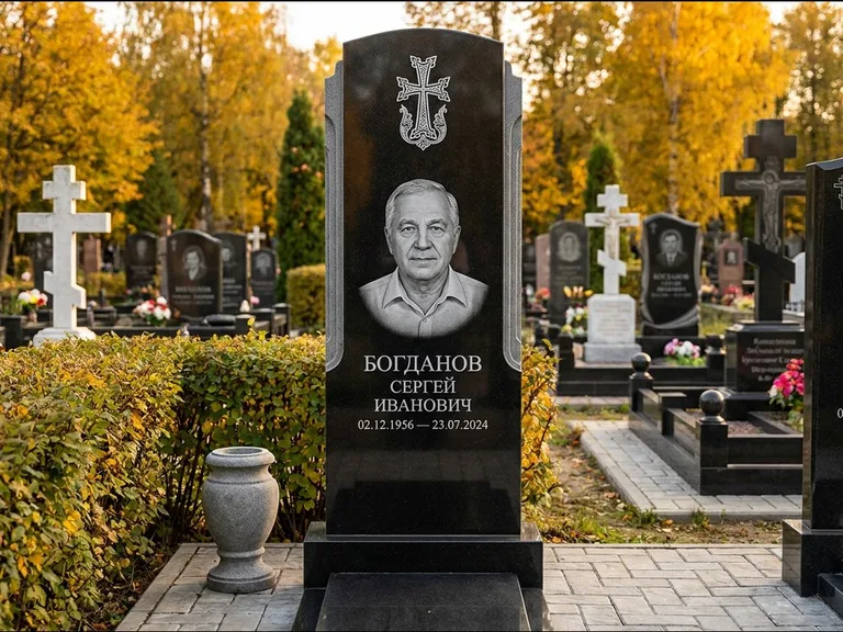 Памятник из чёрного гранита — круглая стела-медальон с армянским хачкаром, работа «Ковалёв» в Сочи