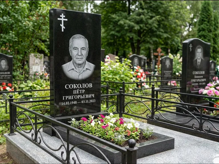 Памятник из чёрного гранита — стела с арочным верхом с православным восьмиконечным крестом, работа «Ковалёв» в Сочи