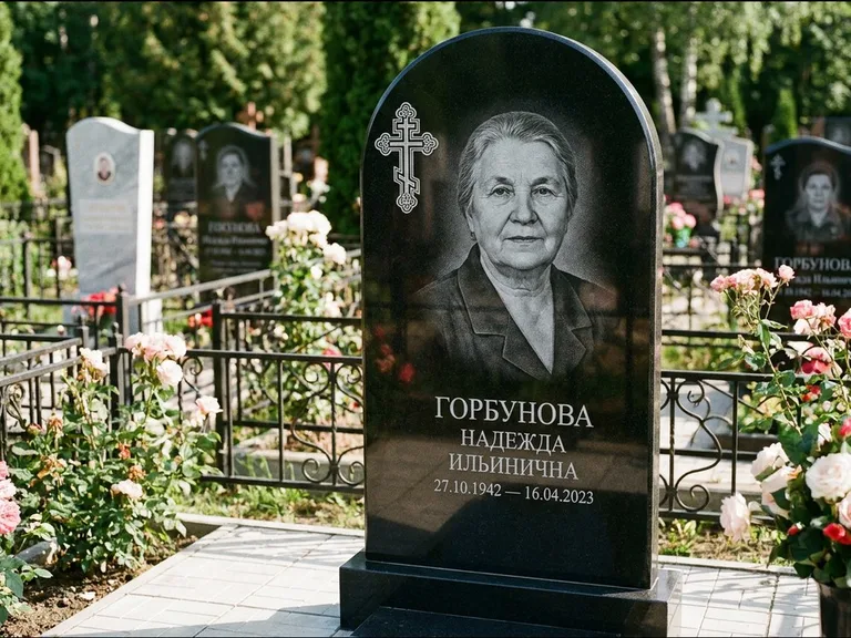 Памятник из чёрного гранита — стела с боковой колонной с крестом в лучах, работа «Мельникова» в Сочи