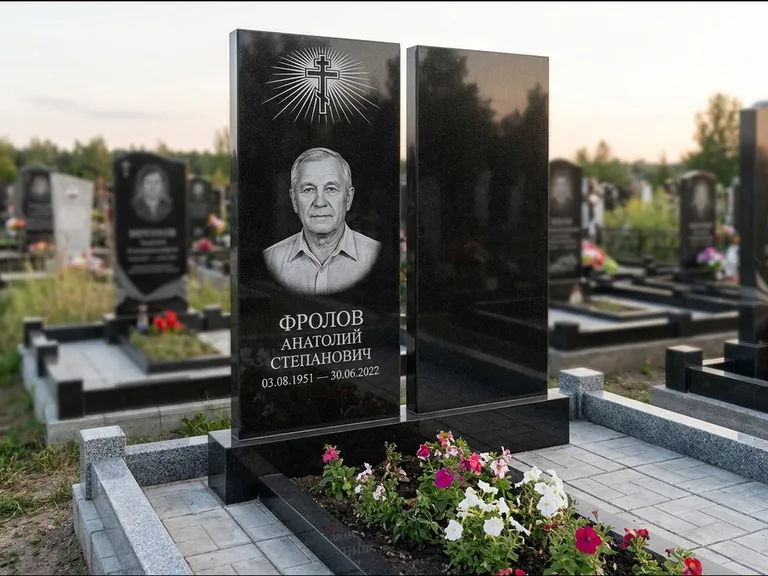 Памятник из чёрного гранита — стела на ступенчатом постаменте с золочёным крестом, работа «Богданов» в Сочи