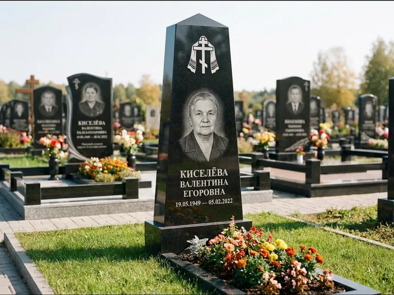 Памятник из чёрного гранита — стела со скошенным верхом с ажурным резным крестом, работа «Селезнёва» в Сочи