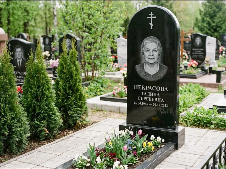 Памятник из чёрного гранита — стела с цветником-плитой с латинским крестом, работа «Лаврентьева» в Сочи