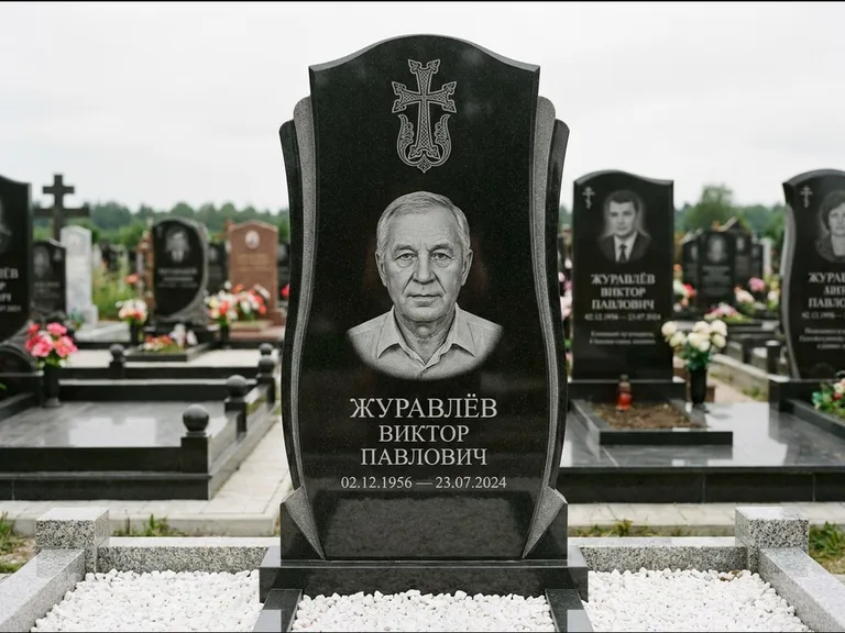 Памятник из чёрного гранита — панорамная стела с армянским хачкаром, работа «Тихонов» в Сочи