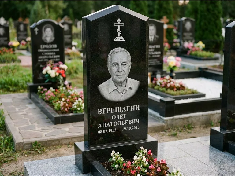 Памятник из чёрного гранита — обелиск-колонна с крестом на Голгофе, работа «Ковалёв» в Сочи
