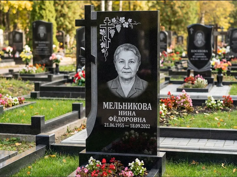 Памятник из чёрного гранита — стела с резной рамкой с крестом с распятием, работа «Некрасова» в Сочи