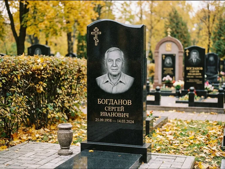 Памятник из чёрного гранита — стела с цветником с процветшим крестом с виноградной лозой, работа «Журавлёв» в Сочи