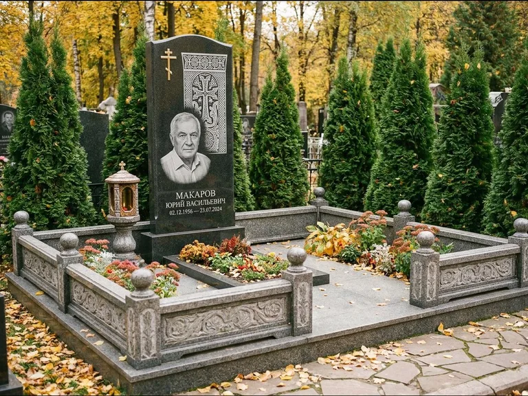 Памятник из чёрного гранита — стела с крестом и лампадой с армянским хачкаром, работа «Гущин» в Сочи