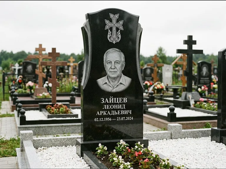 Памятник из чёрного гранита — семейная стела на двоих с армянским хачкаром, работа «Журавлёв» в Сочи
