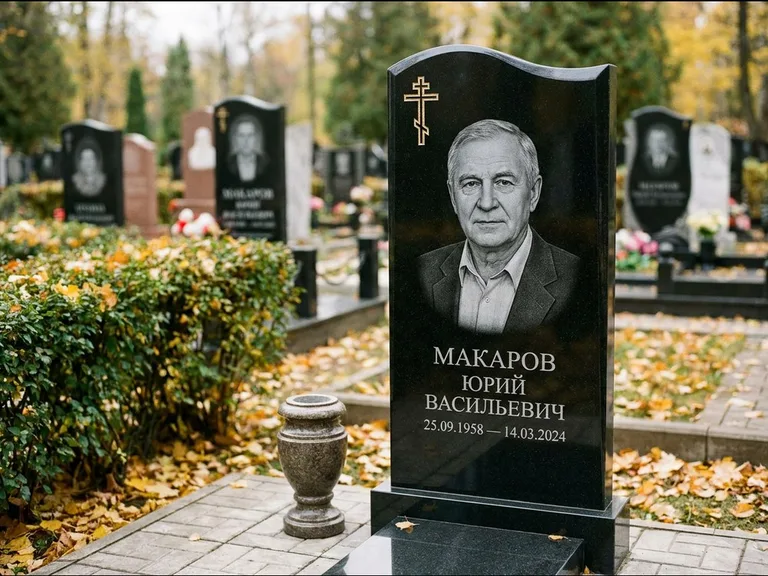 Памятник из чёрного гранита — фигурная стела с киот-нишей с процветшим крестом с виноградной лозой, работа «Богданов» в Сочи