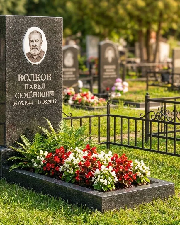 Тёмно-серый памятник под ключ с художественной гравировкой в Сочи