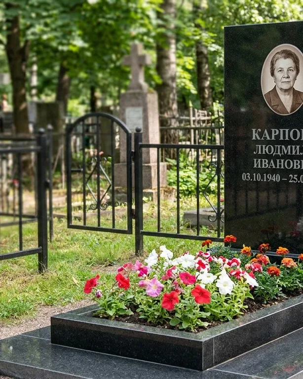 Памятник под ключ с низкой оградой и цветником в Сочи